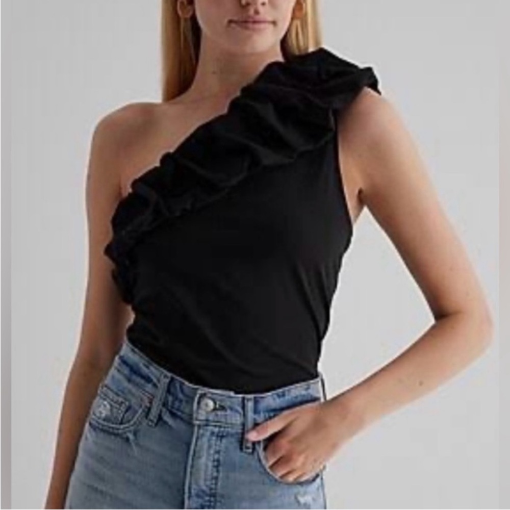 NEW Black Bodysuit NWT Express Ruffle Ribbed One Shoulder Poplin Thong T… - Picture 6 of 9